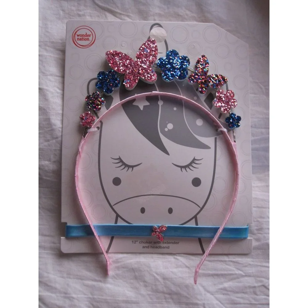 Adorable Unicorn Flowers Butterfly Metal Girls Headband & Necklace Choker Shiny!